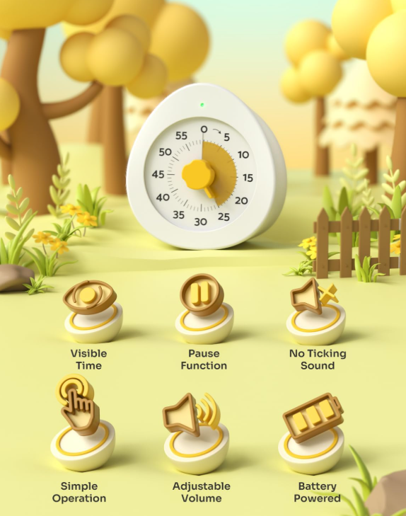 Visual Timer for Kids with Cute Design, Quiet Countdown Clock with Adjustable Alarm, Pause Function, Magnetic Kitchen Timer for Study, Classroom, Cooking, Exercise
