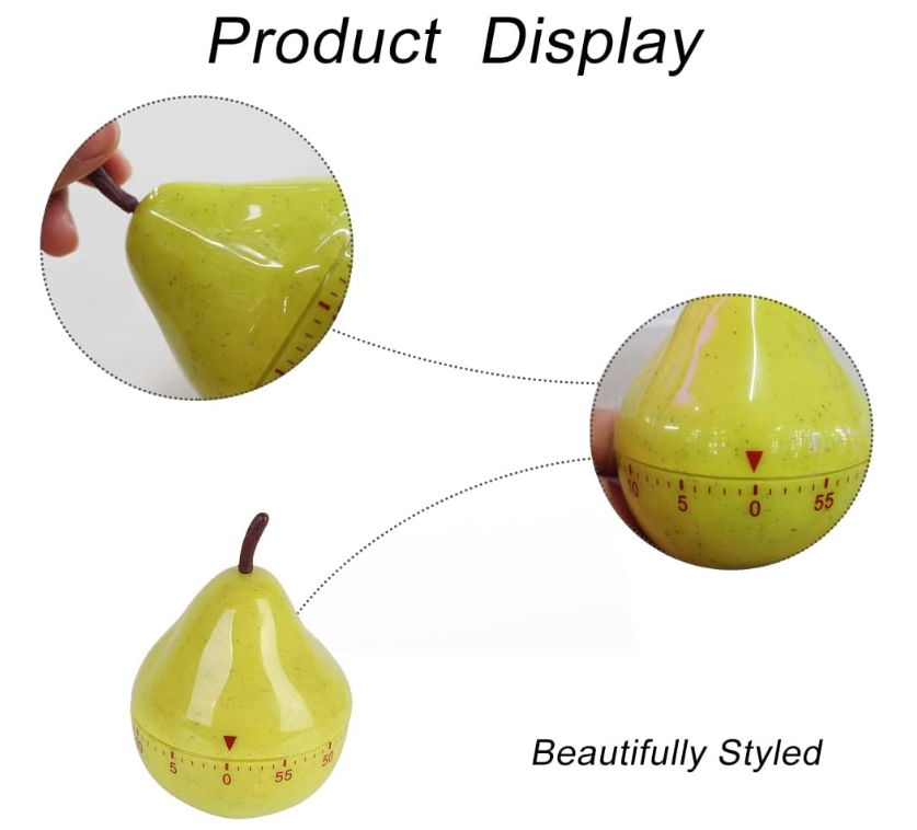 Cute Pear Kitchen Timer, 60-Minute Mechanical Cooking Timer, No Battery Required, Fun Fruit Timer for Baking, Study, Face Mask, Kids